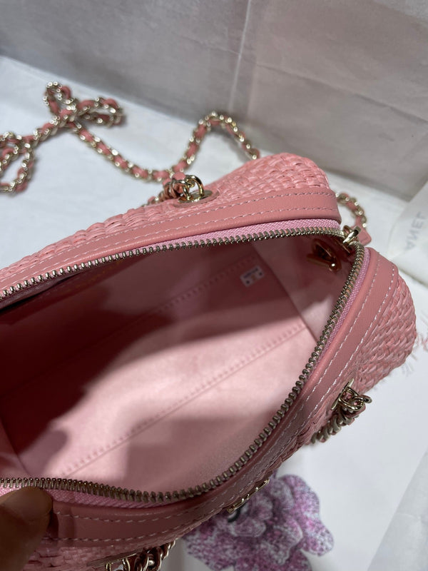 CC Bowling Bag Chain Strap 18.5cm Pink Braided Raffia & Lambskin 292139