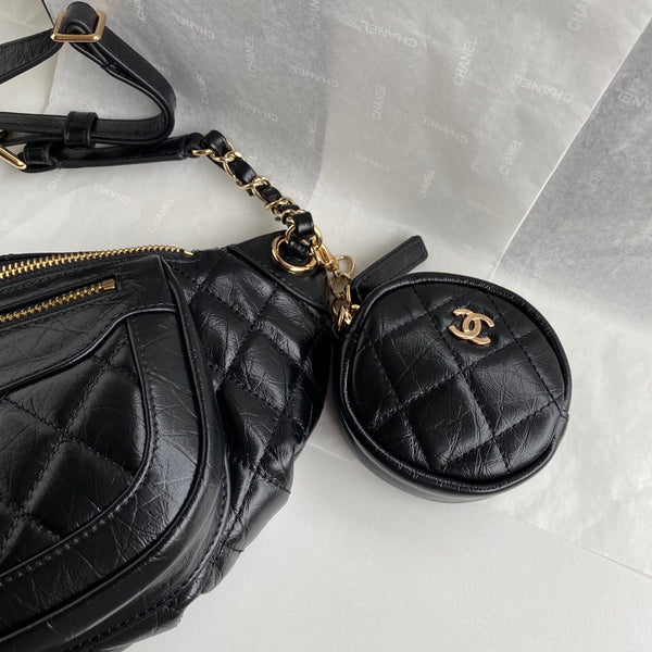 CC Front Zip Waist Bag Charm 34cm Black Lambskin