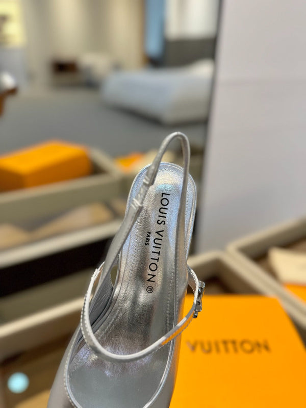 LV Romy Slingback Pumps Silver Metallic Leather 893592