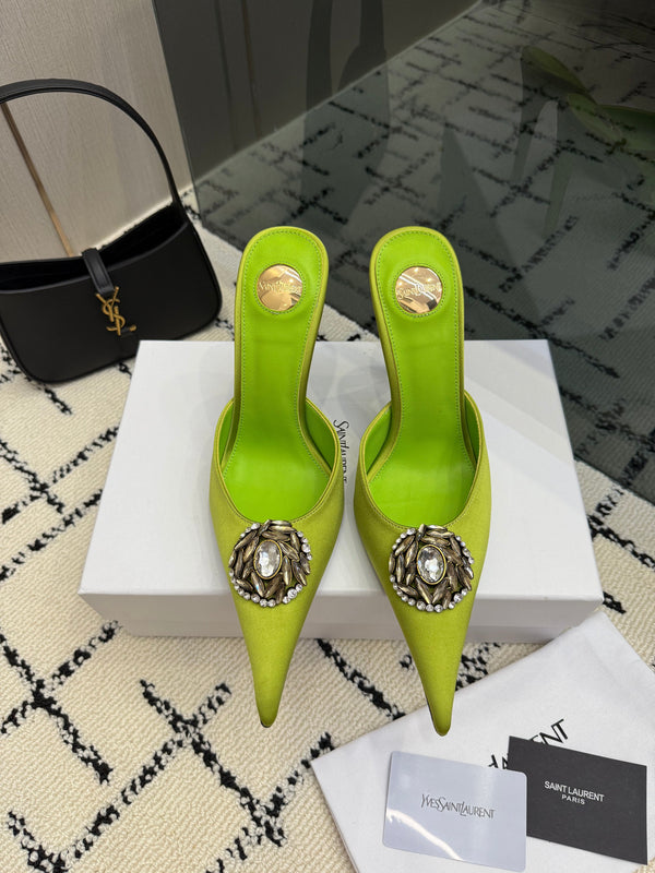 YSL Cosmo Crystal Mules 100mm Olive Green Calfskin Leather 894616