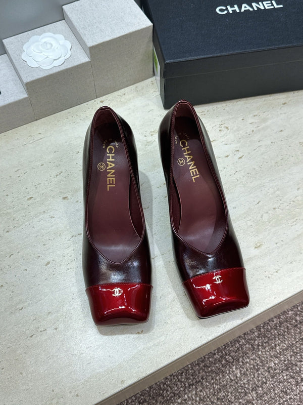 CC Square Toe Block Heel Pumps 90mm Burgundy Patent Leather 896862