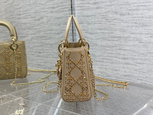 CD Mini Lady Dior Bag 17cm Beige Cowhide Leather Crystal 160004