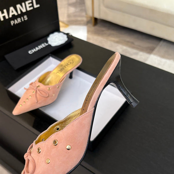 CC Grommet Bow Mules 6.5cm Pink Suede Leather 912927