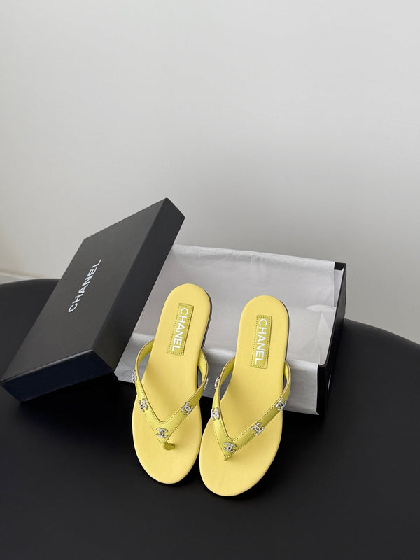 CC Crystal Logo Thong Sandals Yellow Leather 915118