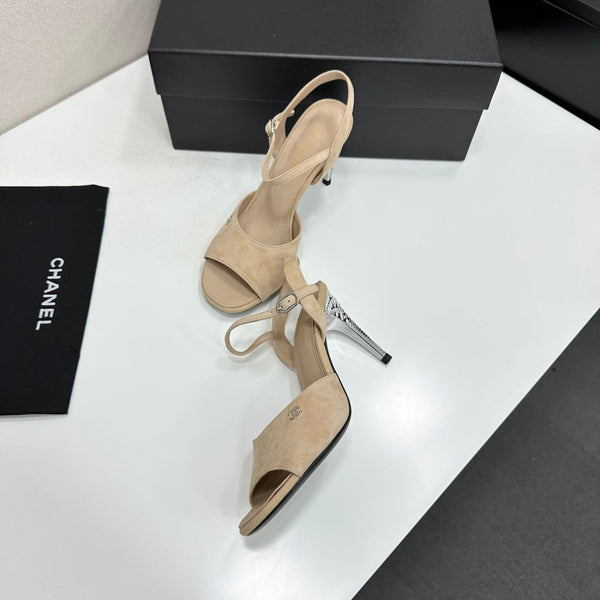 CC Slingback Heel Sandals Beige Suede Leather 925653