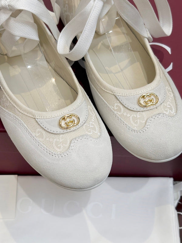 GG Lace-Up Ballet Flats White Canvas Suede 929236