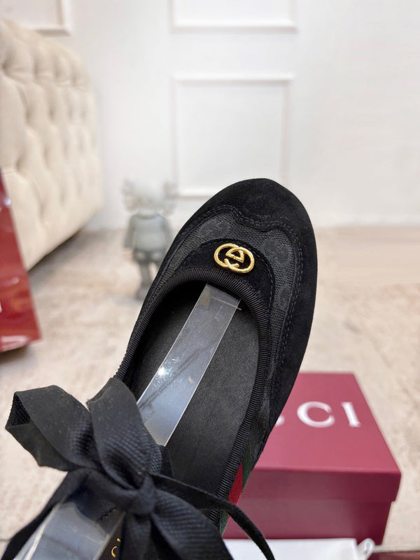 GG Lace-Up Ballet Flats Black Canvas Suede 929235