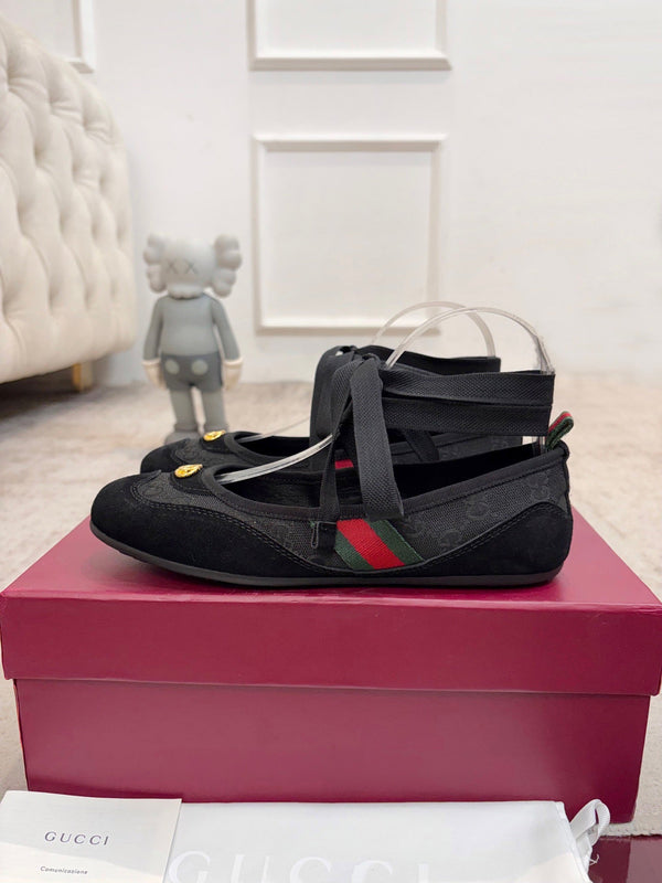 GG Lace-Up Ballet Flats Black Canvas Suede 929235