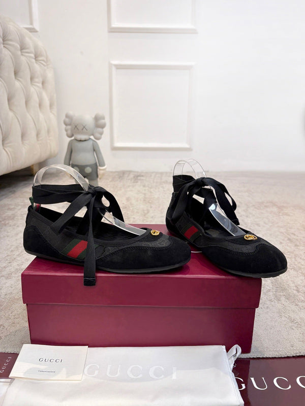GG Lace-Up Ballet Flats Black Canvas Suede 929235