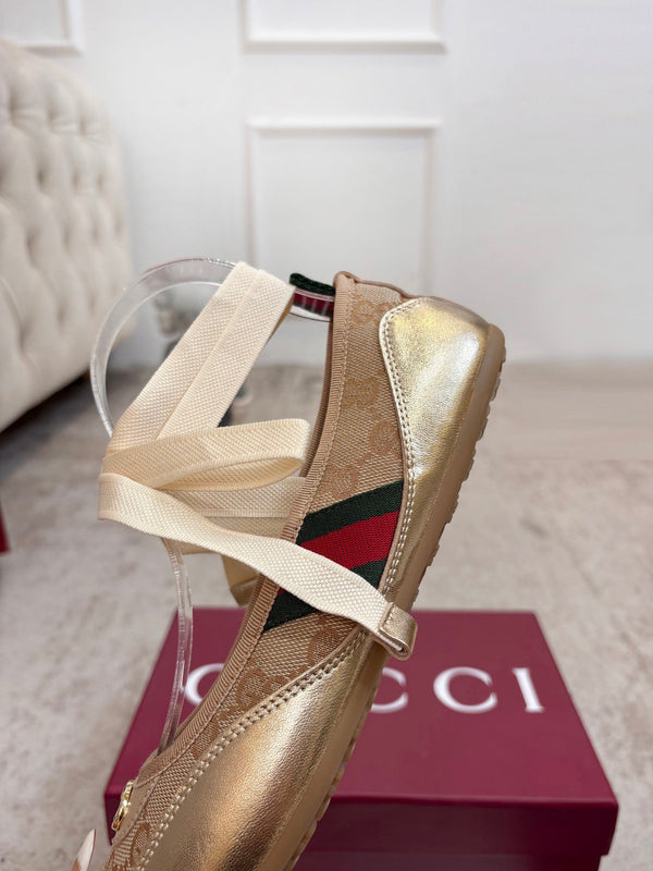 GG Shift Ballerina Flats Beige Jacquard Canvas & Gold Leather 929234