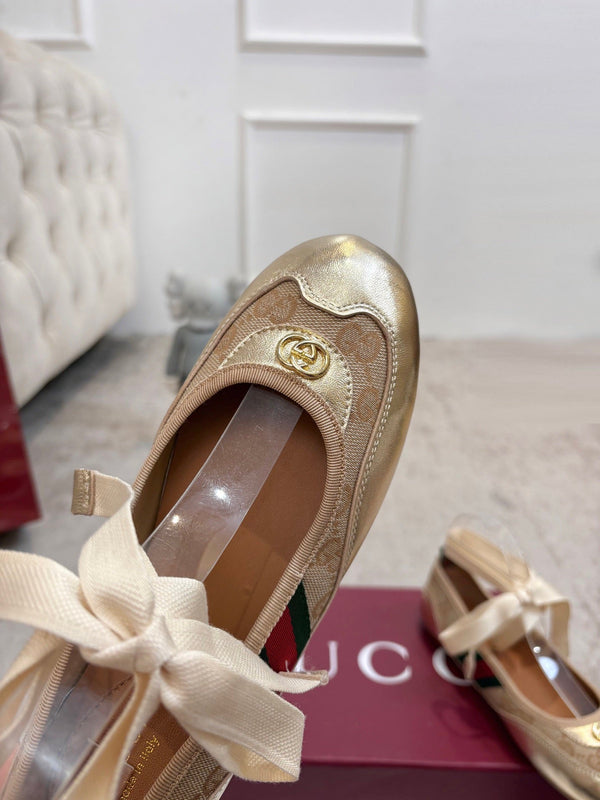 GG Shift Ballerina Flats Beige Jacquard Canvas & Gold Leather 929234