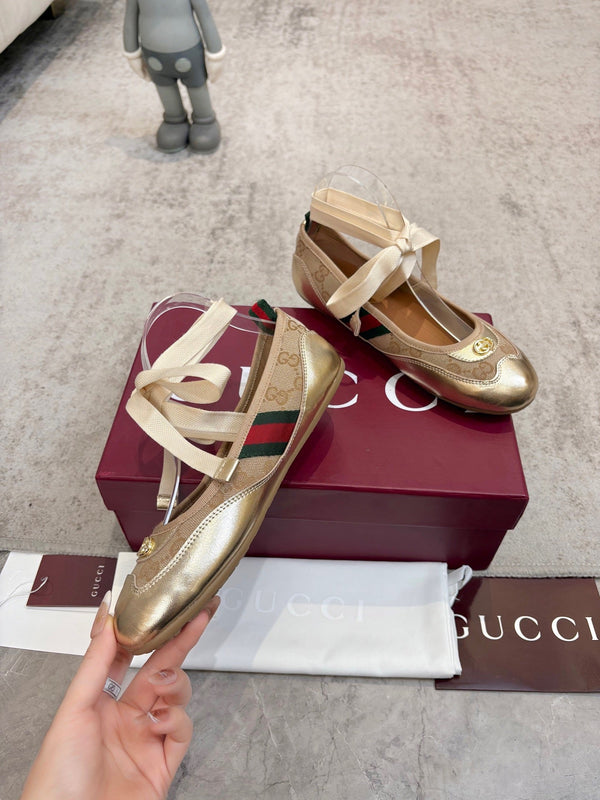 GG Shift Ballerina Flats Beige Jacquard Canvas & Gold Leather 929234
