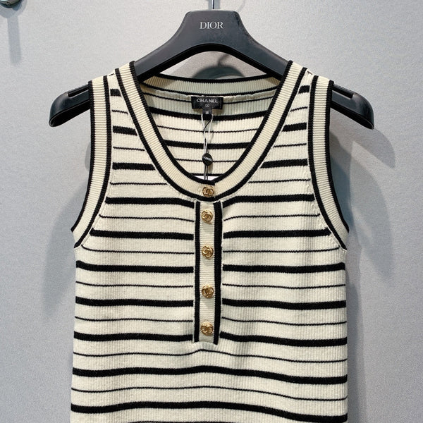 CC Striped Ribbed Knit Tank Top White Black Silk 411316