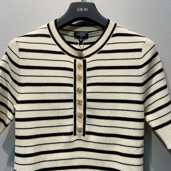 CC Striped Ribbed Knit Short Sleeve Top White Black Silk 411319