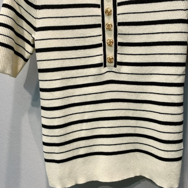 CC Striped Ribbed Knit Short Sleeve Top White Black Silk 411319