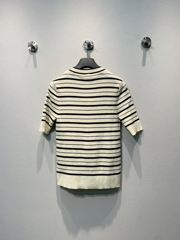 CC Striped Ribbed Knit Short Sleeve Top White Black Silk 411319