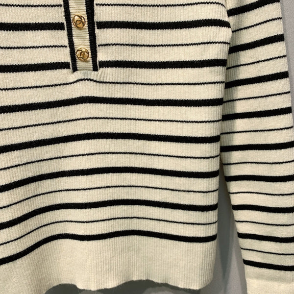 CC Striped Ribbed Knit Long Sleeve Top White Black Silk 411322