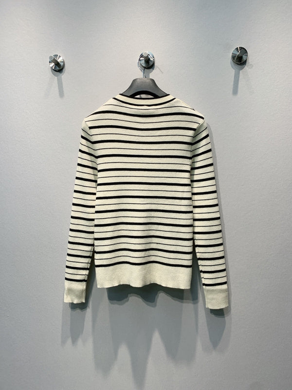 CC Striped Ribbed Knit Long Sleeve Top White Black Silk 411322
