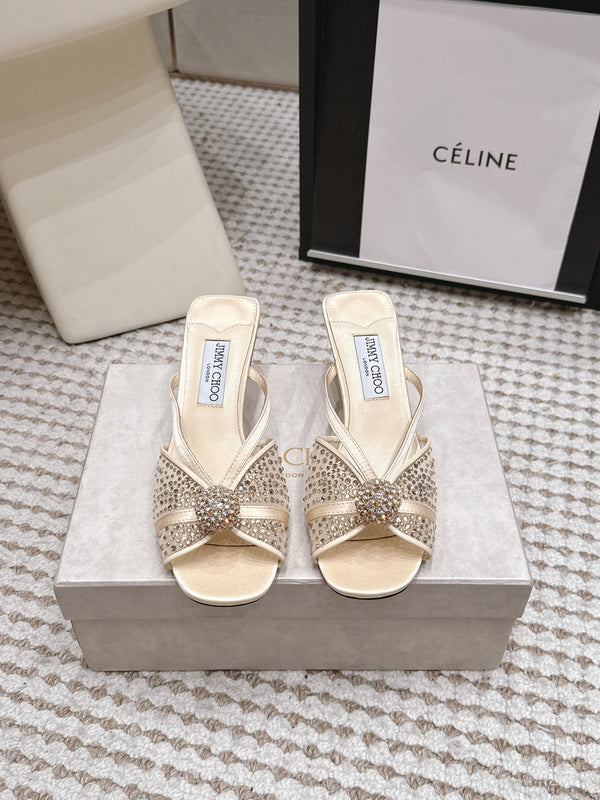 JC Crystal Bow Mule Sandals 5.5CM Ivory Mesh Leather 930964