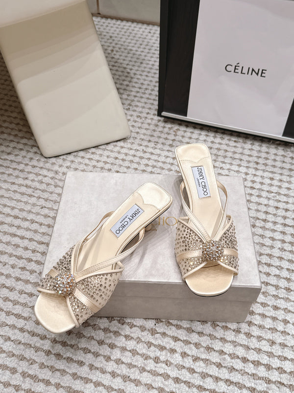 JC Crystal Bow Mule Sandals 5.5CM Ivory Mesh Leather 930964