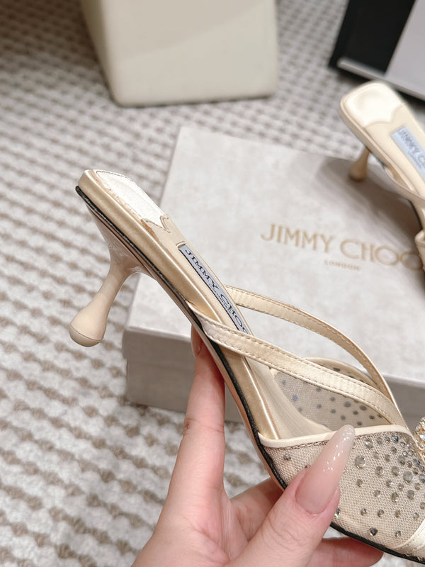 JC Crystal Bow Mule Sandals 5.5CM Ivory Mesh Leather 930964