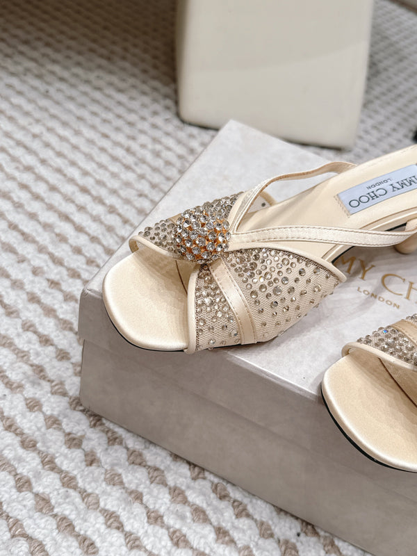 JC Crystal Bow Mule Sandals 5.5CM Ivory Mesh Leather 930964