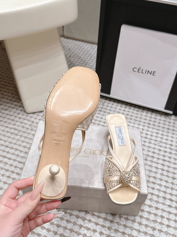 JC Crystal Bow Mule Sandals 5.5CM Ivory Mesh Leather 930964