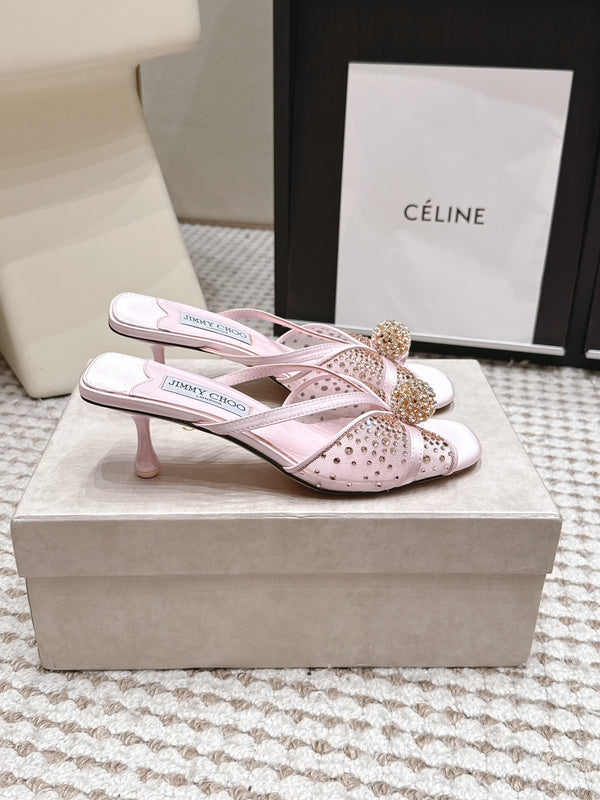 JC Crystal Bow Mule Sandals 5.5CM Pink Mesh Leather 930963