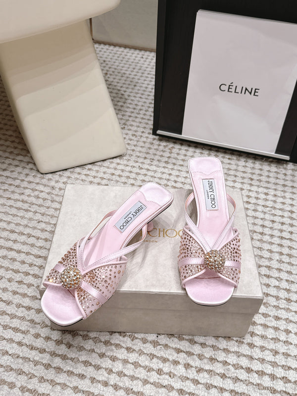 JC Crystal Bow Mule Sandals 5.5CM Pink Mesh Leather 930963