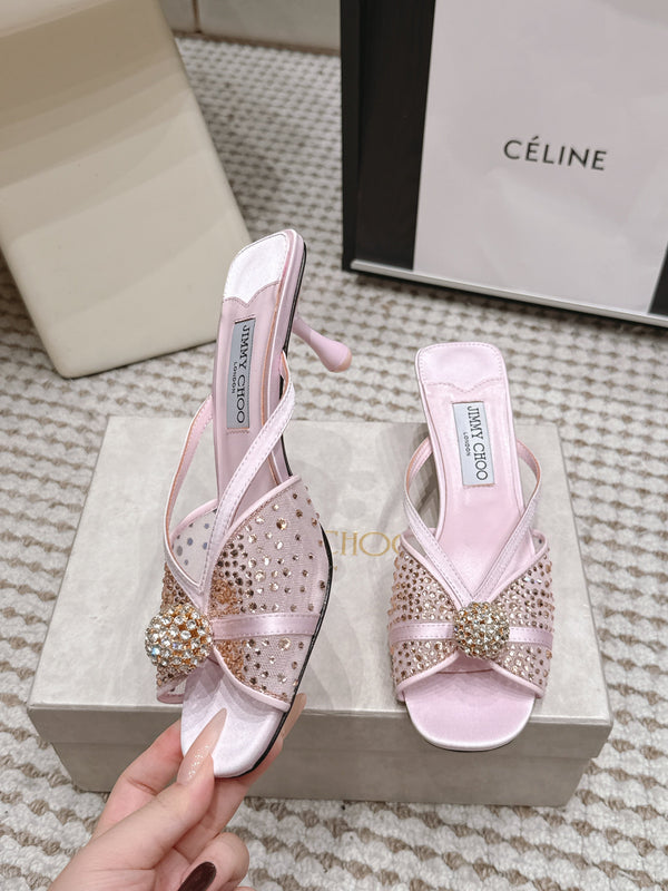 JC Crystal Bow Mule Sandals 5.5CM Pink Mesh Leather 930963