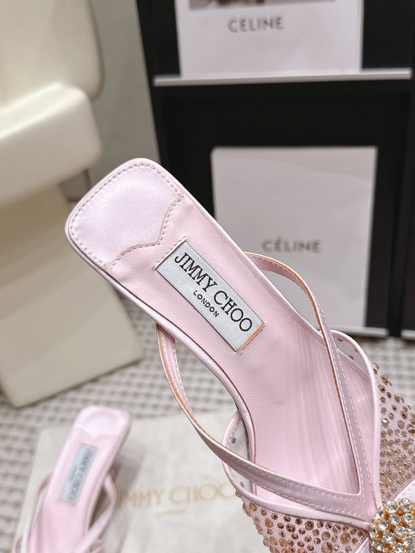 JC Crystal Bow Mule Sandals 5.5CM Pink Mesh Leather 930963