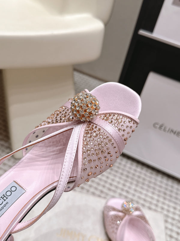 JC Crystal Bow Mule Sandals 5.5CM Pink Mesh Leather 930963