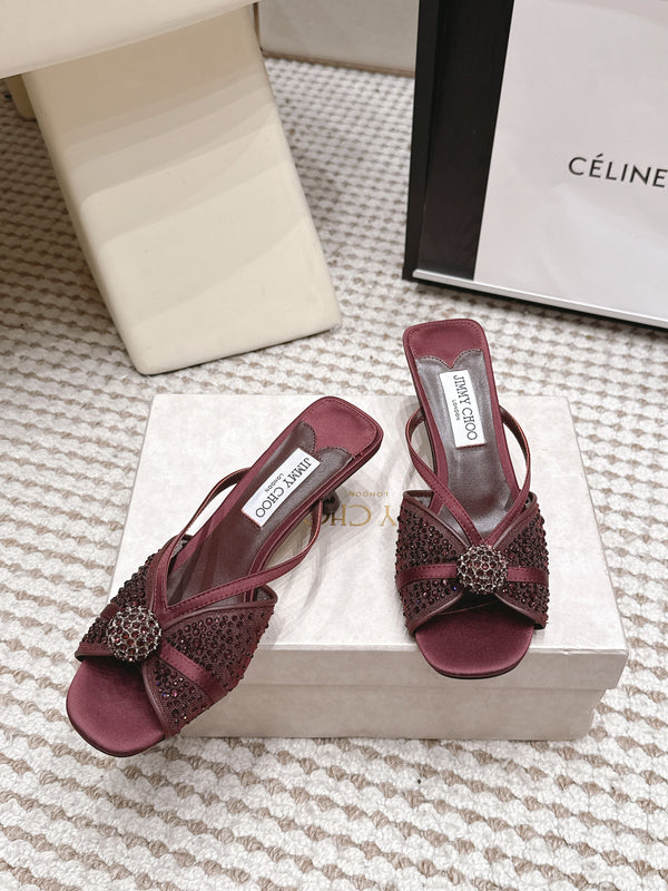 JC Crystal Bow Mule Sandals 5.5CM Burgundy Mesh Leather 930962
