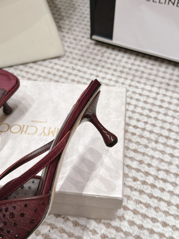 JC Crystal Bow Mule Sandals 5.5CM Burgundy Mesh Leather 930962