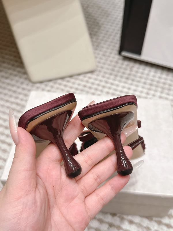 JC Crystal Bow Mule Sandals 5.5CM Burgundy Mesh Leather 930962