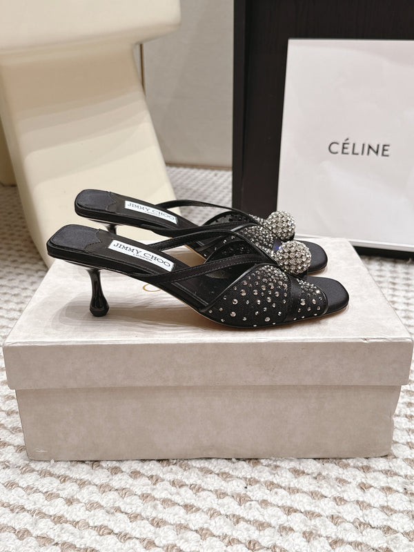 JC Crystal Bow Mule Sandals 5.5CM Black Mesh Leather 930961