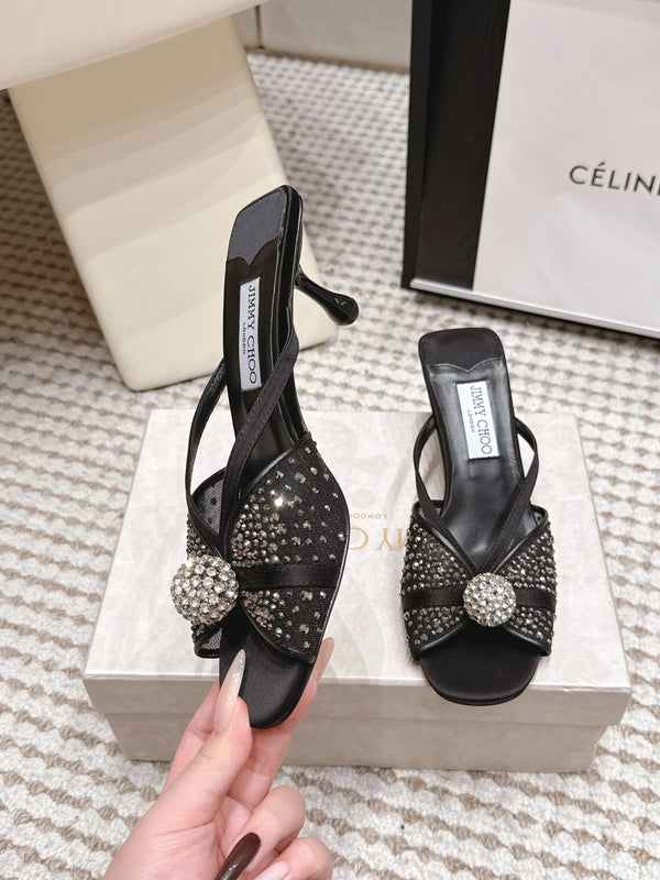JC Crystal Bow Mule Sandals 5.5CM Black Mesh Leather 930961