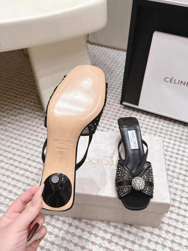 JC Crystal Bow Mule Sandals 5.5CM Black Mesh Leather 930961