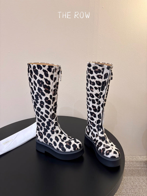 TR Platform Long Boots 4CM Leopard Print Pony Hair Leather 933552