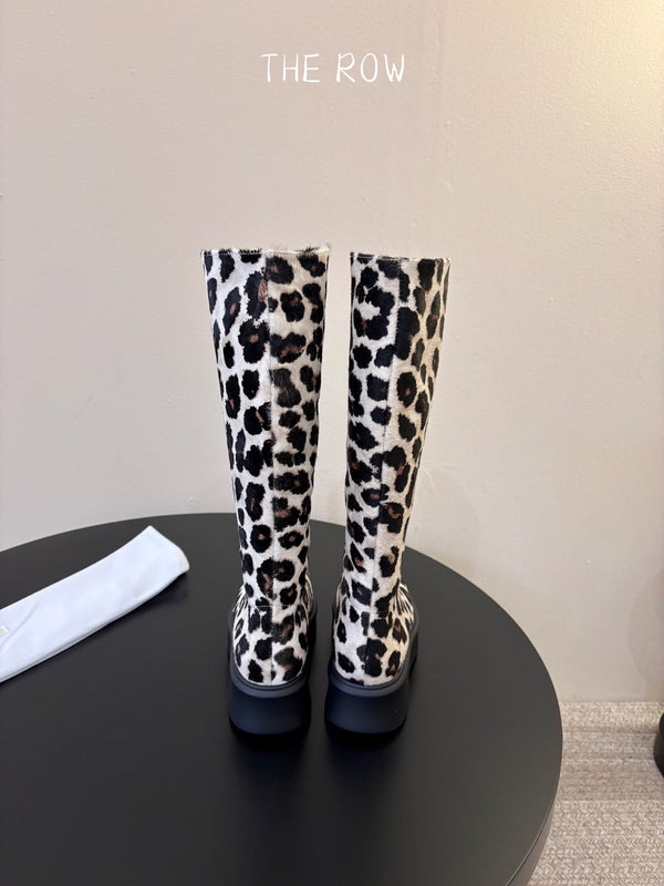 TR Platform Long Boots 4CM Leopard Print Pony Hair Leather 933552