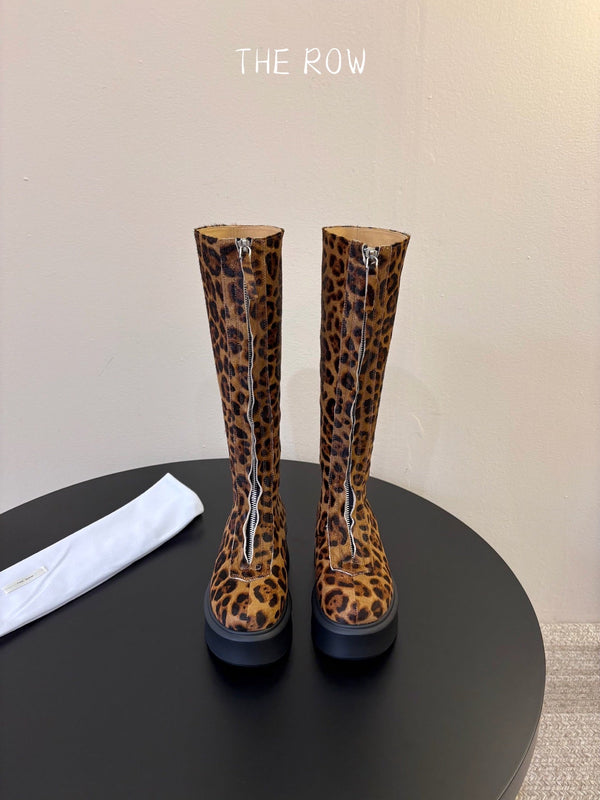 TR Platform Long Boots 4CM Brown Leopard Print Pony Hair Leather 933551