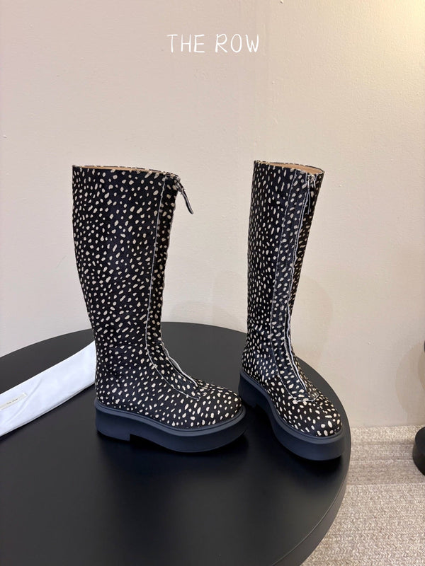 TR Platform Long Boots 4CM Black Leopard Print Pony Hair Leather 933550