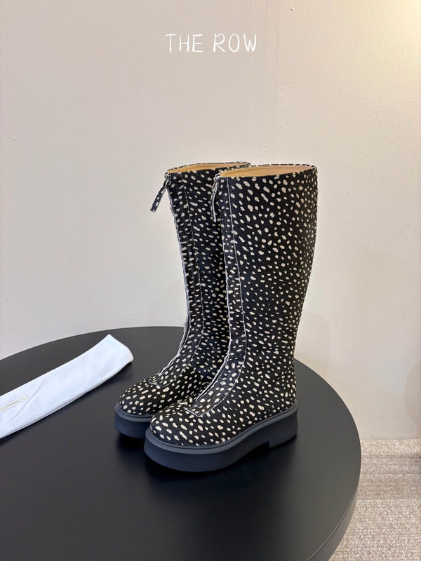 TR Platform Long Boots 4CM Black Leopard Print Pony Hair Leather 933550