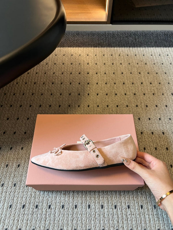 Miu Pointed Toe Bow Mary Jane Flats Pink Suede 933433