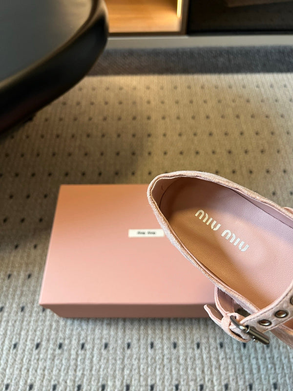 Miu Pointed Toe Bow Mary Jane Flats Pink Suede 933433
