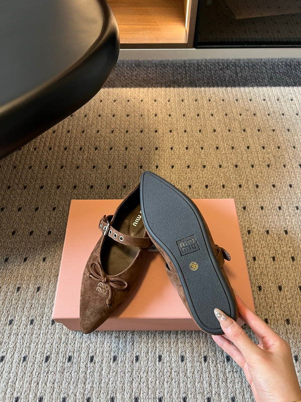 Miu Pointed Toe Bow Mary Jane Flats Brown Suede 933432