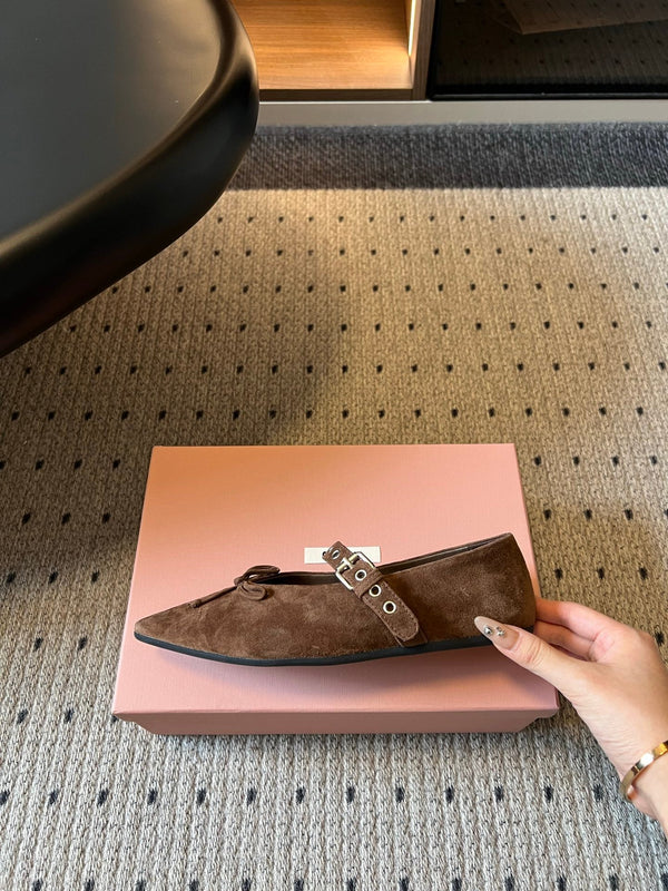 Miu Pointed Toe Bow Mary Jane Flats Brown Suede 933432