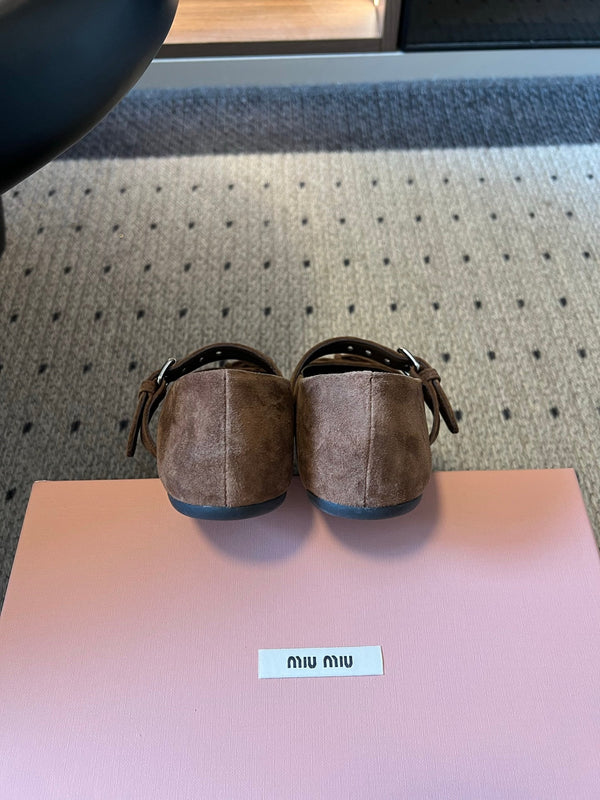 Miu Pointed Toe Bow Mary Jane Flats Brown Suede 933432