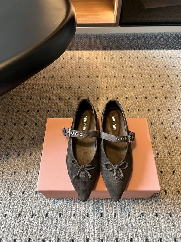 Miu Pointed Toe Bow Mary Jane Flats Dark Brown Suede 933431