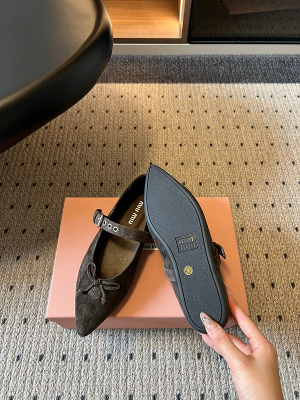 Miu Pointed Toe Bow Mary Jane Flats Dark Brown Suede 933431